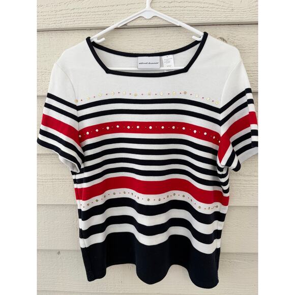 Alfred Dunner Red & Blue Stripe Knit Blouse Square Neck Women's Size Medium - Picture 2 of 6